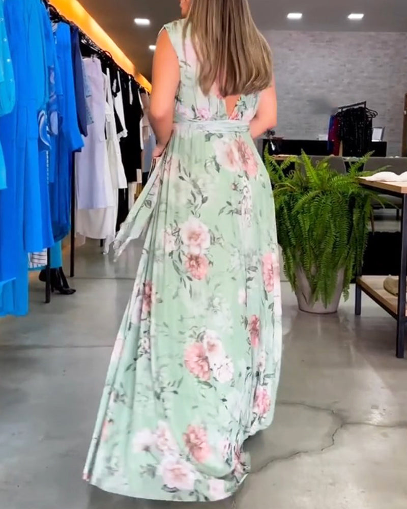 VENESA – FLORAL GRACE SLEEVELESS V-NECK DRESS