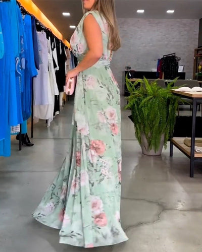 VENESA – FLORAL GRACE SLEEVELESS V-NECK DRESS