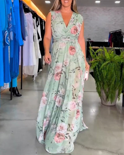 VENESA – FLORAL GRACE SLEEVELESS V-NECK DRESS