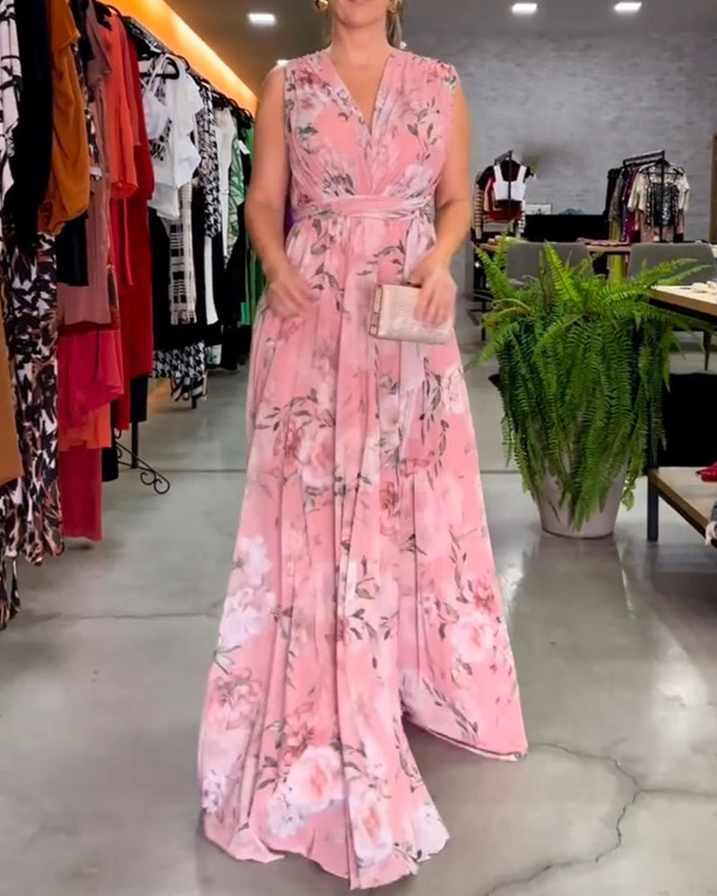 VENESA – FLORAL GRACE SLEEVELESS V-NECK DRESS