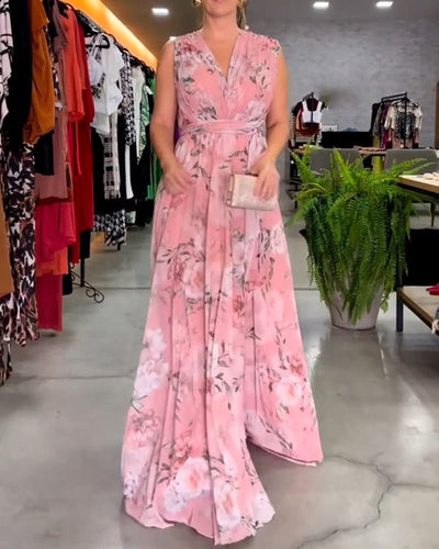 VENESA – FLORAL GRACE SLEEVELESS V-NECK DRESS