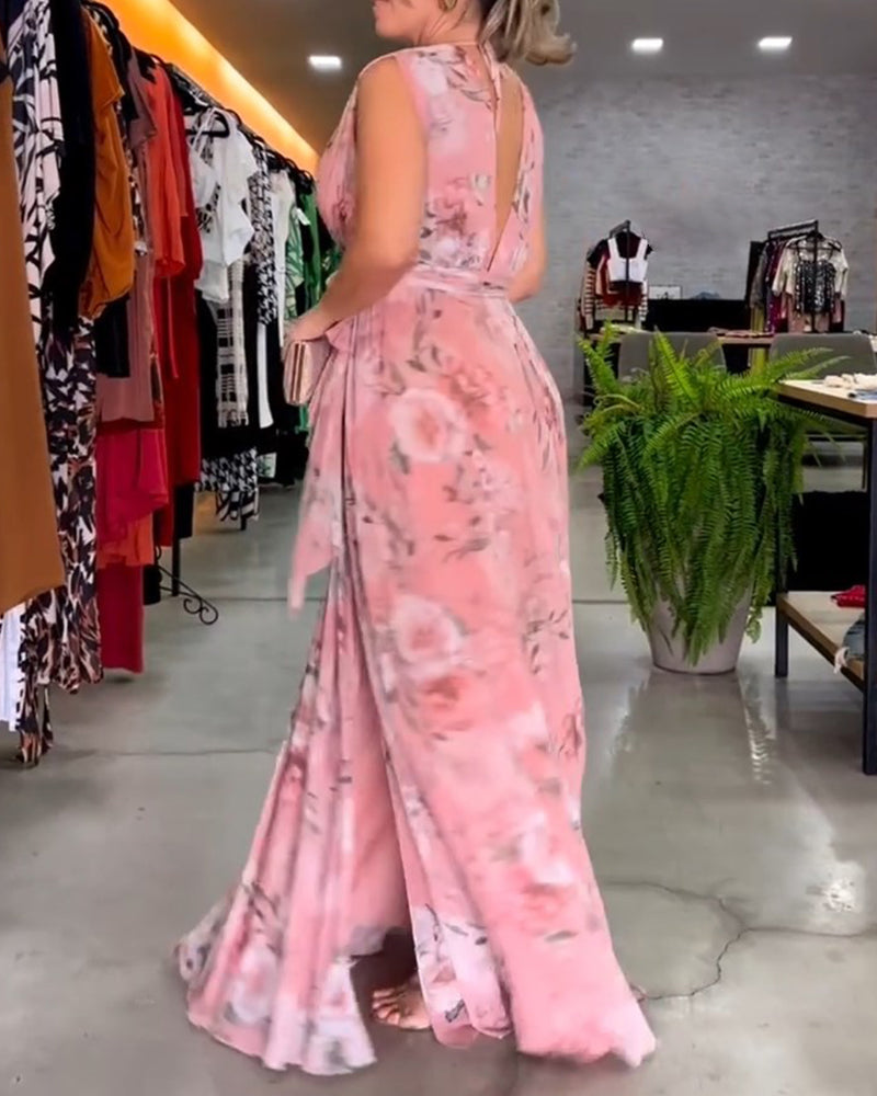 VENESA – FLORAL GRACE SLEEVELESS V-NECK DRESS