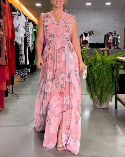 VENESA – FLORAL GRACE SLEEVELESS V-NECK DRESS