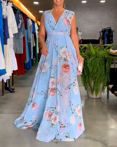 VENESA – FLORAL GRACE SLEEVELESS V-NECK DRESS