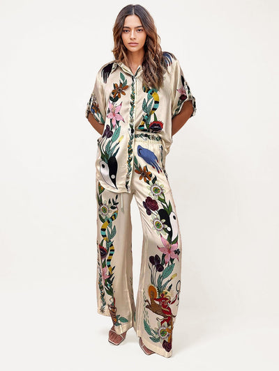 SATIN SUIT – LUXE DRAPE WITH A REFINED PRINT