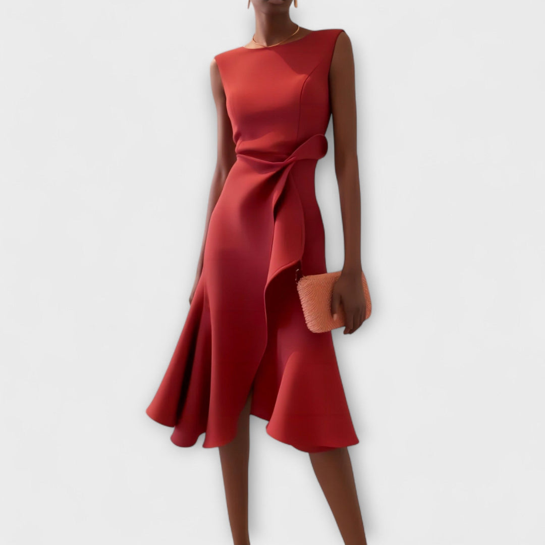 CORNELIA – ASYMMETRIC POISE MIDI DRESS