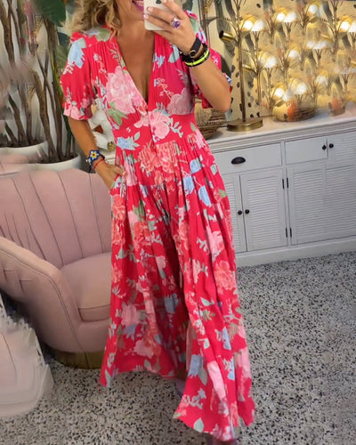CATRISA – BLOOMING CHARM V-NECK DRESS WITH POCKETS