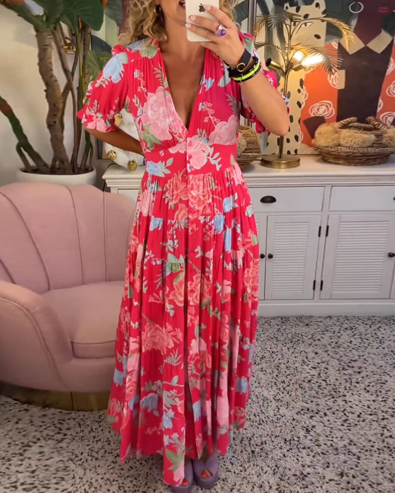 CATRISA – BLOOMING CHARM V-NECK DRESS WITH POCKETS