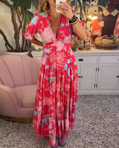 CATRISA – BLOOMING CHARM V-NECK DRESS WITH POCKETS