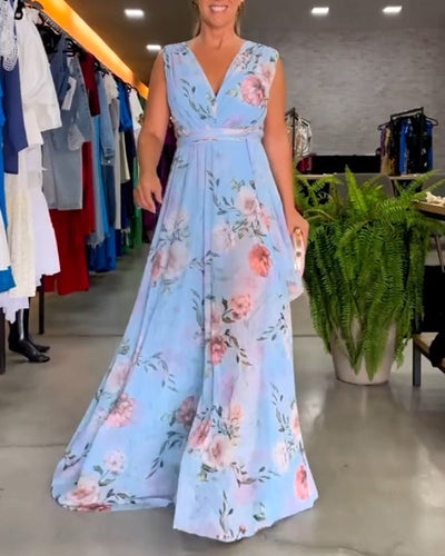 VENESA – FLORAL GRACE SLEEVELESS V-NECK DRESS
