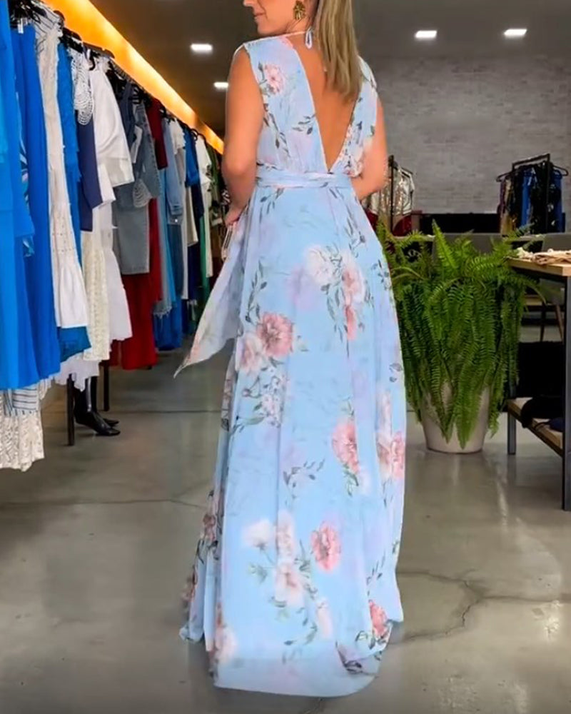 VENESA – FLORAL GRACE SLEEVELESS V-NECK DRESS