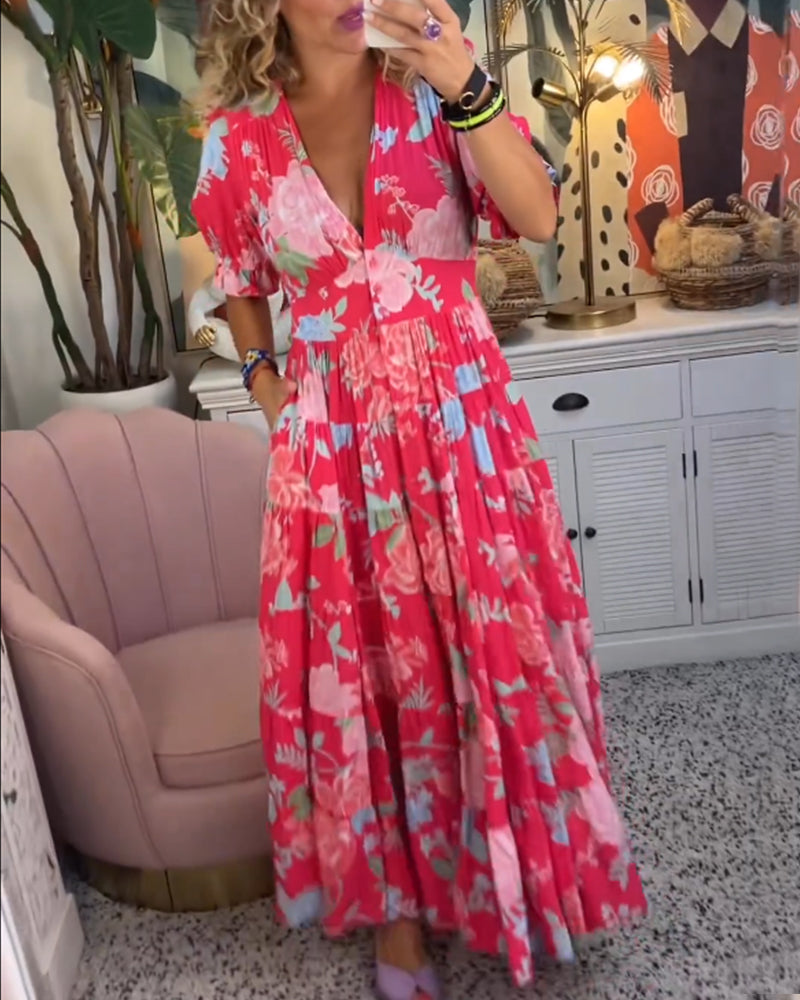 CATRISA – BLOOMING CHARM V-NECK DRESS WITH POCKETS
