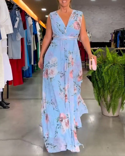 VENESA – FLORAL GRACE SLEEVELESS V-NECK DRESS