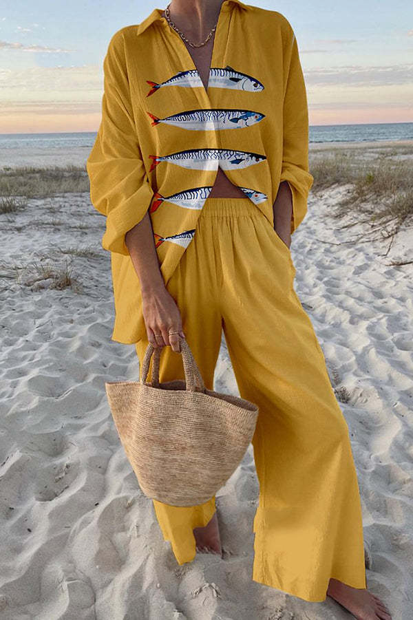 EDENELLE – LINEN SET IN SUN-KISSED SARDINE PRINT