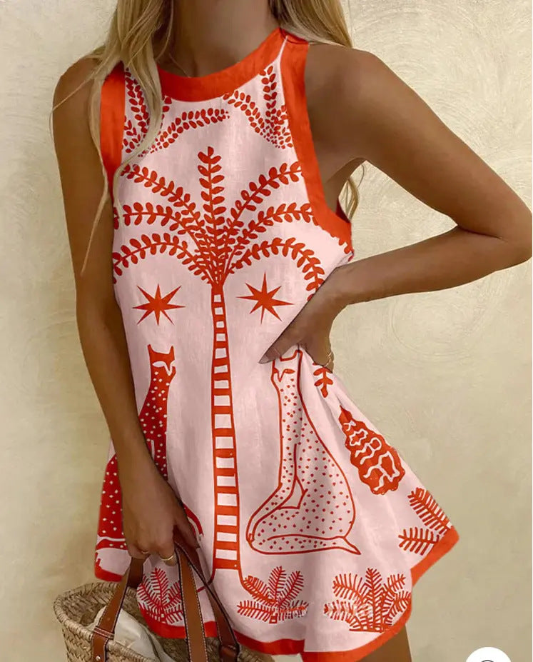 MINIVIE – PALM TREE PRINT MINI DRESS WITH TROPICAL GRACE