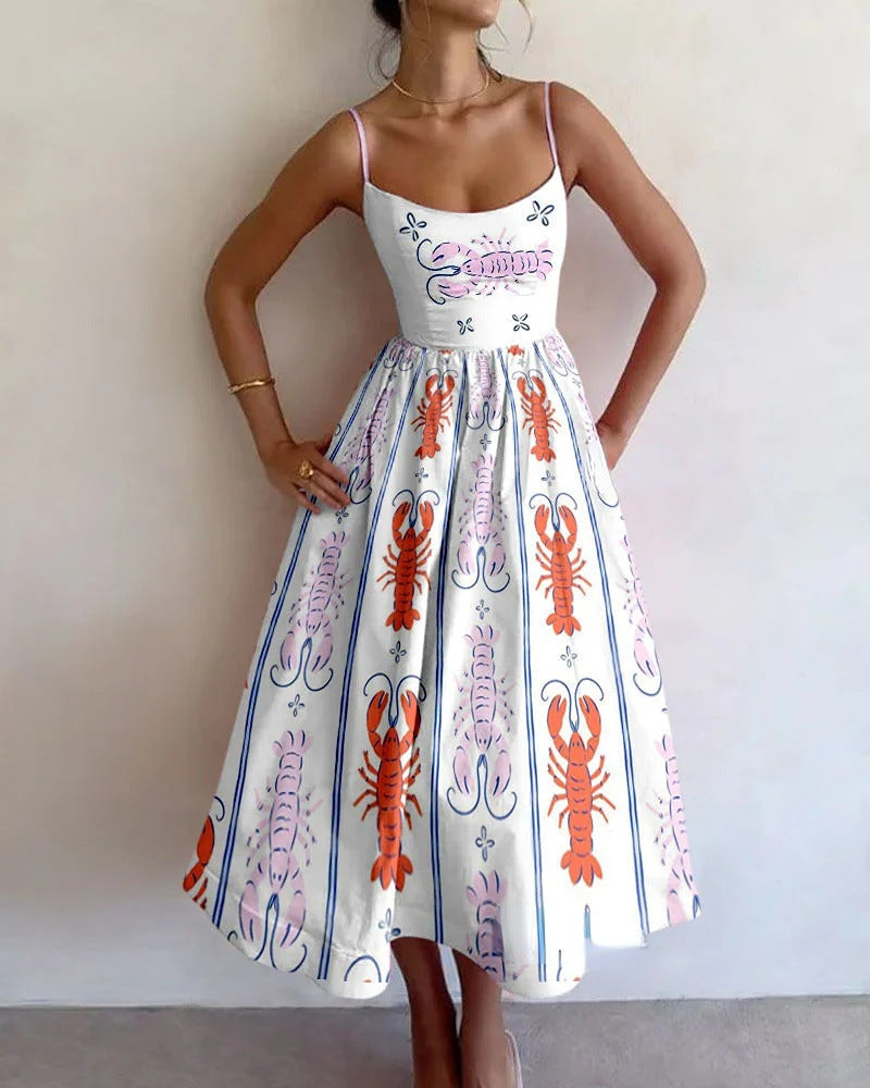 SABELLE – STRAPPY DRESS WITH CRAB PRINT AND COASTAL WHIMSY