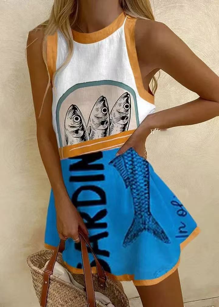 MINIVIE – STRAPPY MINI DRESS IN BLUE PRINT WITH MEDITERRANEAN FLAIR
