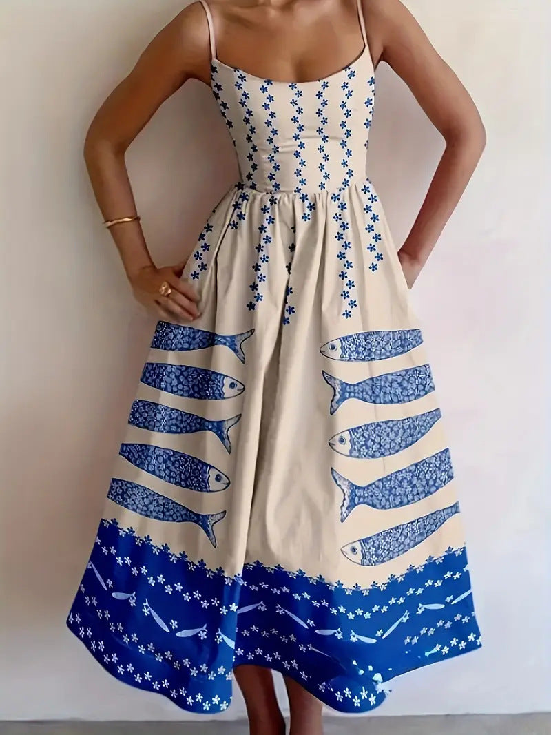 SABELLE – STRAPPY DRESS WITH BLUE SARDINE PRINT AND COASTAL CHARM