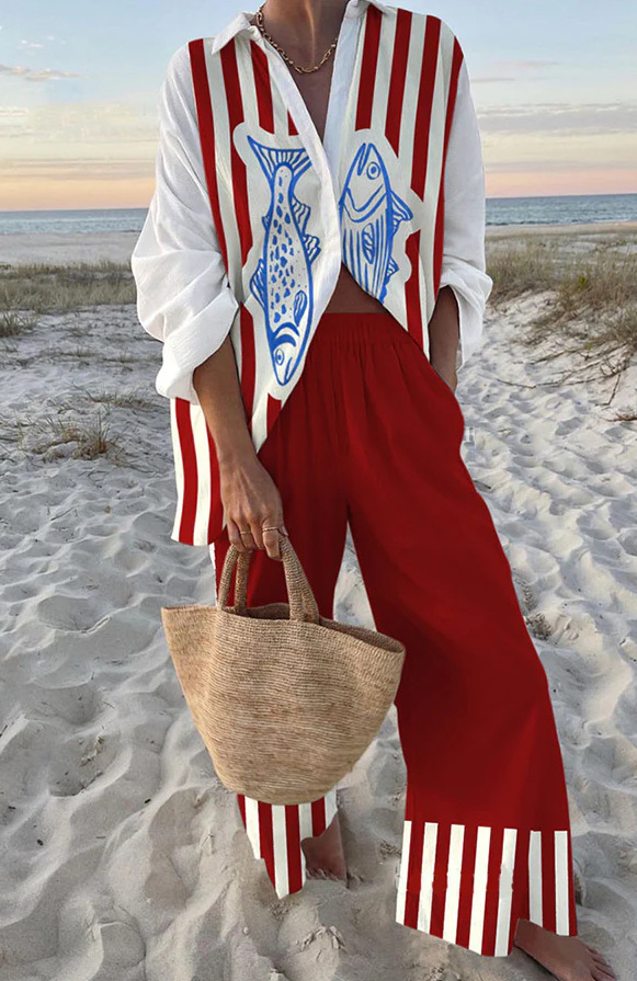EDENELLE – RED & BLUE FISH PATTERNED LINEN FOR A BREEZY OCEAN LOOK