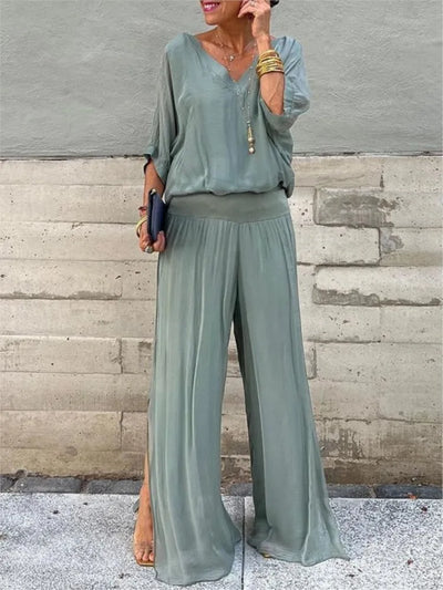 MIA - V-NECK WIDE-LEG CHIFFON SET