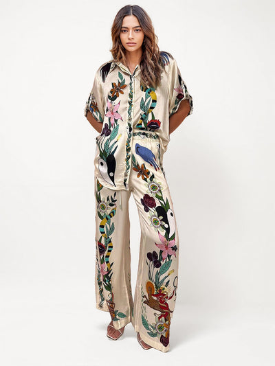 SATIN SUIT – LUXE DRAPE WITH A REFINED PRINT